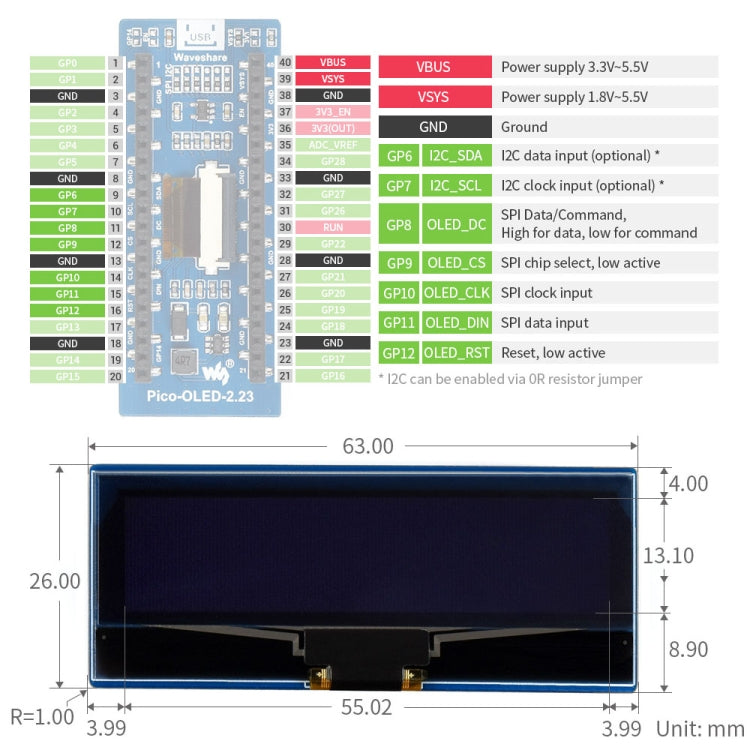 WAVESHARE 128 x 32 Pixel 2.23 inch OLED Display Module for Raspberry Pi Pico, SPI/I2C - Modules Expansions Accessories by WAVESHARE | Online Shopping UK | buy2fix