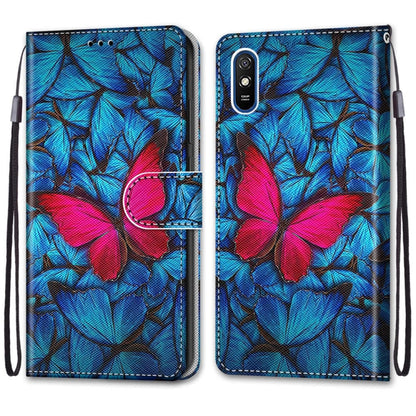 For Xiaomi Redmi 9A Coloured Drawing Cross Texture Horizontal Flip PU Leather Case with Holder & Card Slots & Wallet & Lanyard(Blue Red Butterfly) - Xiaomi Cases by buy2fix | Online Shopping UK | buy2fix