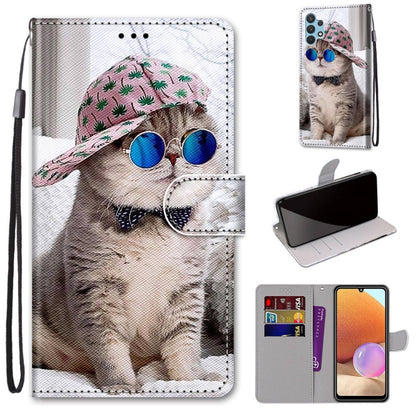 For Samsung Galaxy A32 4G / A32 Lite Coloured Drawing Cross Texture Horizontal Flip PU Leather Case with Holder & Card Slots & Wallet & Lanyard(Slant Hat Blue Mirror Cat) - Samsung Accessories by buy2fix | Online Shopping UK | buy2fix