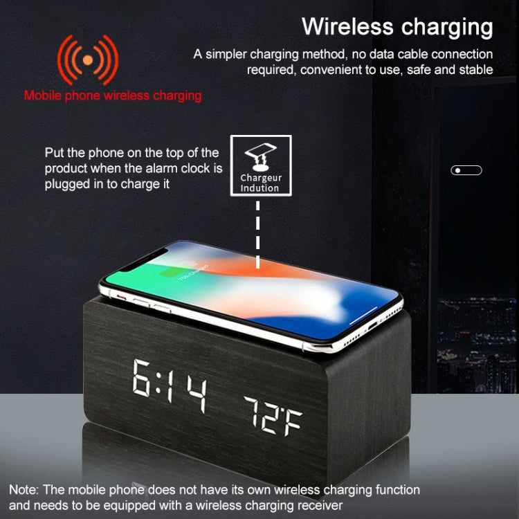 KD8801 5W Wooden Creative Wireless Charger LED Mirror Digital Display Sub-alarm Clock, Regular Style(White Wood White Characters) - Apple Accessories by buy2fix | Online Shopping UK | buy2fix