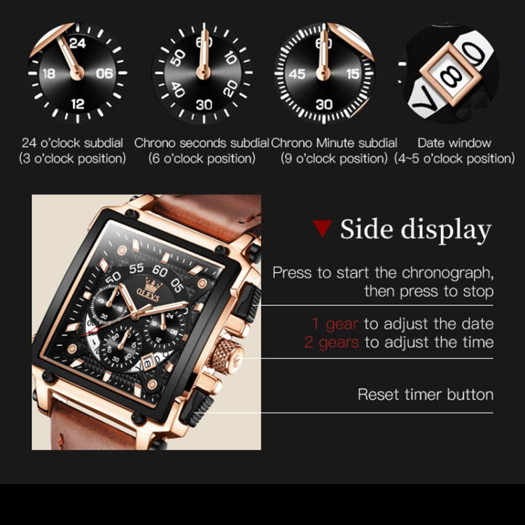 OLEVS 9919 Square Dial Chronograph Luminous Quartz Watch for Men(Black Leather All Black) - Outdoor & Sports by OLEVS | Online Shopping UK | buy2fix