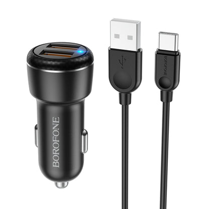 Borofone BZ17 Dual USB Ports QC3.0 Car Charger with Type-C / USB-C Charging Cable(Black) - Car Charger by Borofone | Online Shopping UK | buy2fix