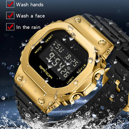 SANDA 9006 Tempered Mirror Luminous Waterproof Dual Display Electronic Watch(Khaki) - Silicone Strap Watches by SANDA | Online Shopping UK | buy2fix