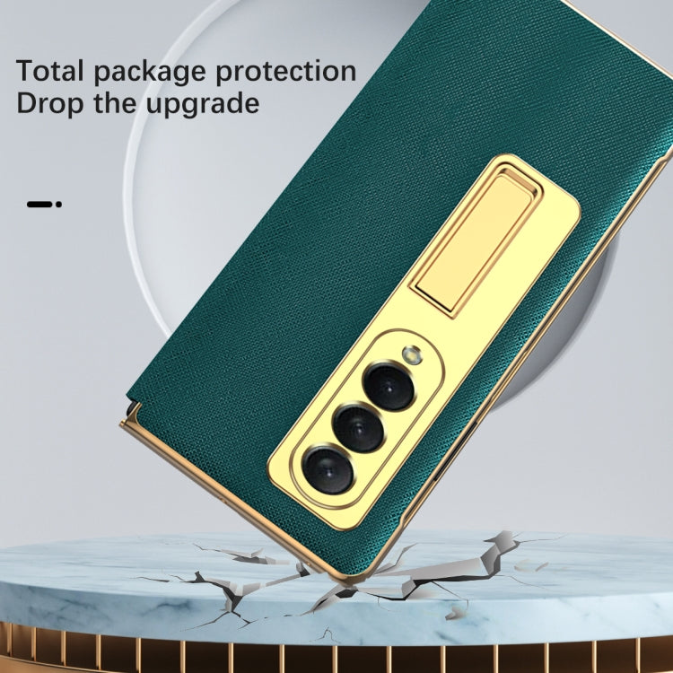 For Samsung Galaxy Z Fold4 Cross Texture Integrated Electroplating Hinge Flip Phone Case with Tempered Film(Gold) - Galaxy Z Fold4 5G Cases by buy2fix | Online Shopping UK | buy2fix