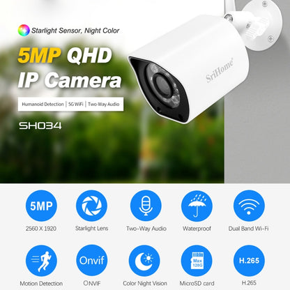 SriHome SH034 5.0MP Mini Dual 2.4 / 5G WiFi Outdoor Waterproof Video Surveillance Color Night Vision Security CCTV Cam, Plug Type:AU Plug(White) - Security by buy2fix | Online Shopping UK | buy2fix