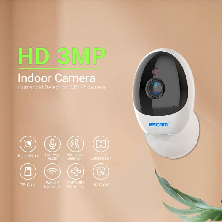 ESCAM QF006 3MP 1296P HD Indoor Wireless PTZ IP Camera IR Night Vision AI Humanoid Detection Home Security CCTV Monitor, Plug Type:AU Plug(White) - Mini Camera by ESCAM | Online Shopping UK | buy2fix