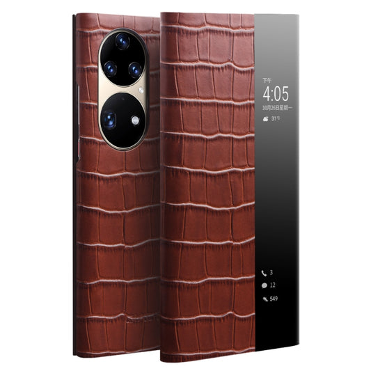 For Huawei P50 QIALINO Crocodile Pattern Side Window View Genuine Leather Phone Case(Brown) - Huawei Cases by QIALINO | Online Shopping UK | buy2fix