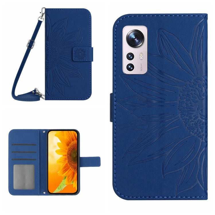 For Xiaomi 12 / 12X Skin Feel Sun Flower Pattern Flip Leather Phone Case with Lanyard(Dark Blue) - 12 Cases by buy2fix | Online Shopping UK | buy2fix