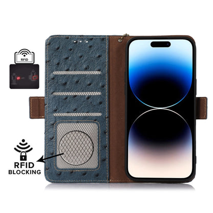 For Google Pixel 7 Pro Ostrich Pattern Genuine Leather RFID Phone Case(Blue) - Google Cases by buy2fix | Online Shopping UK | buy2fix