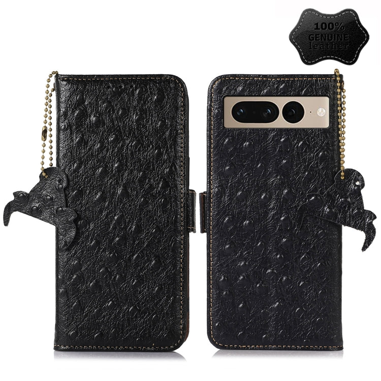 For Google Pixel 7 Ostrich Pattern Genuine Leather RFID Phone Case(Black) - Google Cases by buy2fix | Online Shopping UK | buy2fix