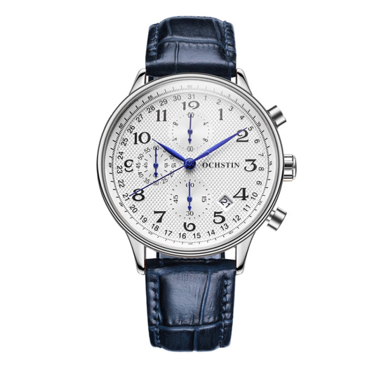 Ochstin 6050C Multifunctional Quartz Men Leather Watch(Silver+Blue) - Leather Strap Watches by OCHSTIN | Online Shopping UK | buy2fix