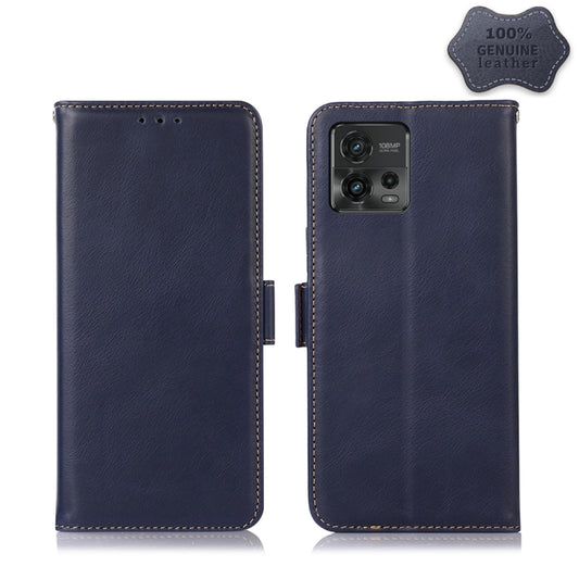 For Motorola Moto G72 Magnetic Crazy Horse Texture Genuine Leather RFID Phone Case(Blue) - Motorola Cases by buy2fix | Online Shopping UK | buy2fix