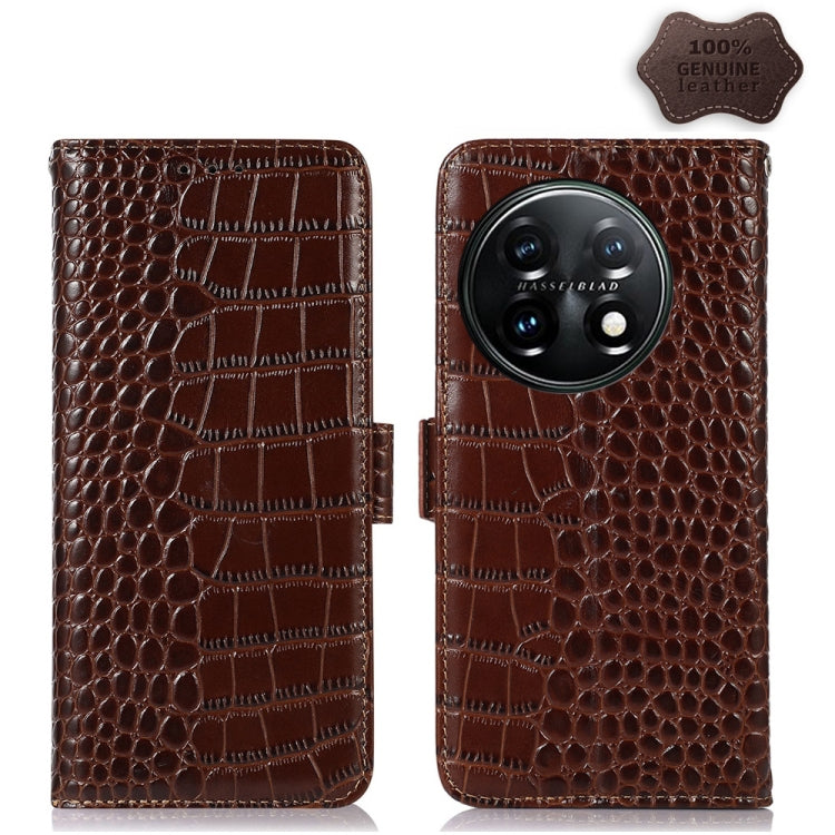 For OnePlus 11 5G Crocodile Top Layer Cowhide RFID Leather Phone Case(Brown) - OnePlus Cases by buy2fix | Online Shopping UK | buy2fix