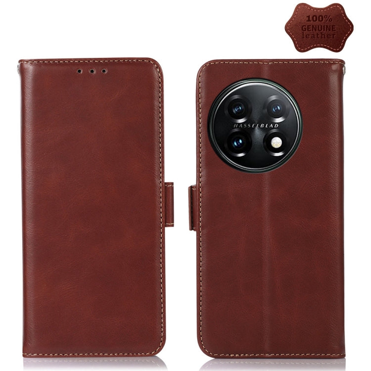 For OnePlus 11 5G Crazy Horse Top Layer Cowhide RFID Leather Phone Case(Brown) - OnePlus Cases by buy2fix | Online Shopping UK | buy2fix