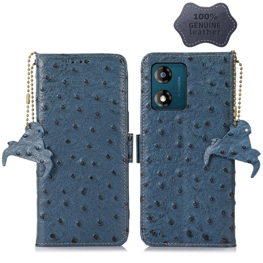 For Motorola Moto E13 4G 2023 Ostrich Pattern Genuine Leather RFID Phone Case(Blue) - Motorola Cases by buy2fix | Online Shopping UK | buy2fix