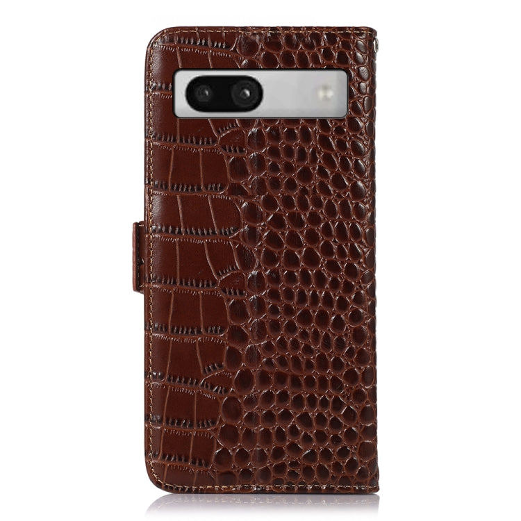For Google Pixel 7a Crocodile Top Layer Cowhide Leather Phone Case(Brown) - Google Cases by buy2fix | Online Shopping UK | buy2fix