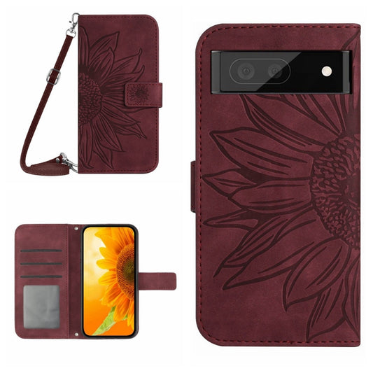 For Google Pixel 7A Skin Feel Sun Flower Pattern Flip Leather Phone Case with Lanyard(Wine Red) - Google Cases by buy2fix | Online Shopping UK | buy2fix