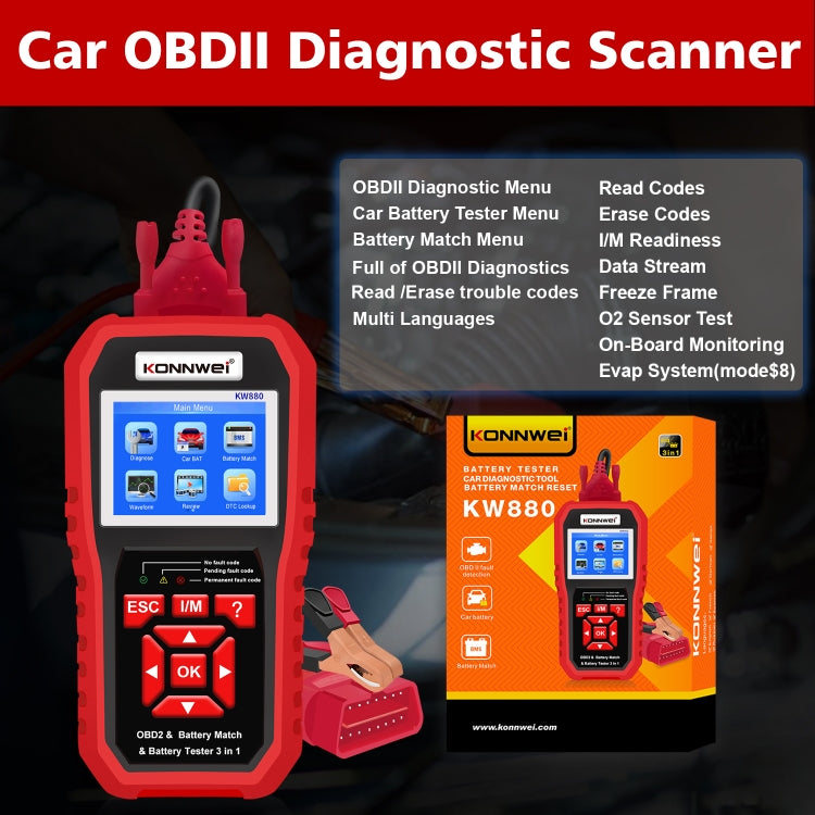 KONNWEI KW880 3 in 1 Car OBD2 Fault Diagnosis + Battery Tester + Battery Match Reset - Code Readers & Scan Tools by KONNWEI | Online Shopping UK | buy2fix