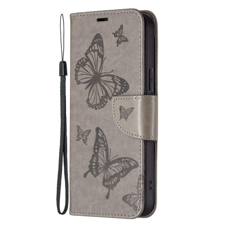 For Xiaomi Redmi Note 12 4G Global Two Butterflies Embossing Leather Phone Case(Grey) - Note 12 Cases by buy2fix | Online Shopping UK | buy2fix