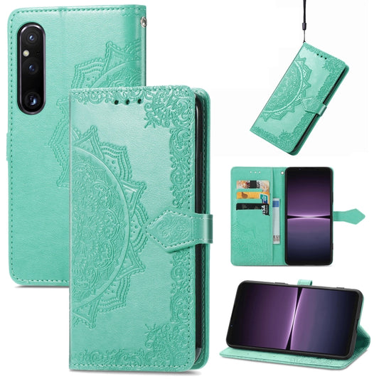 For Sony Xperia 1 IV Mandala Flower Embossed Leather Phone Case(Green) - Sony Cases by buy2fix | Online Shopping UK | buy2fix