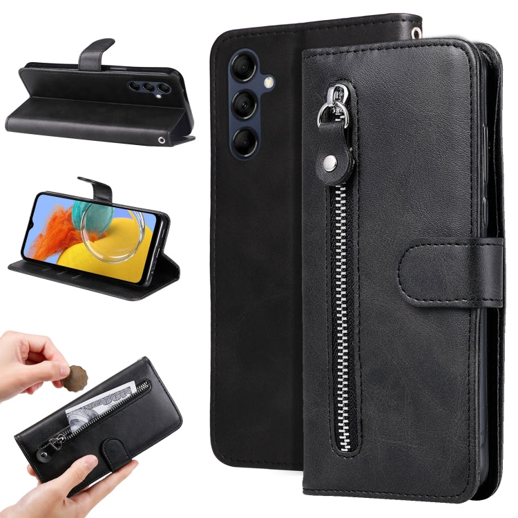 For Samsung Galaxy M14 5G Calf Texture Zipper Leather Phone Case(Black) - Galaxy Phone Cases by buy2fix | Online Shopping UK | buy2fix