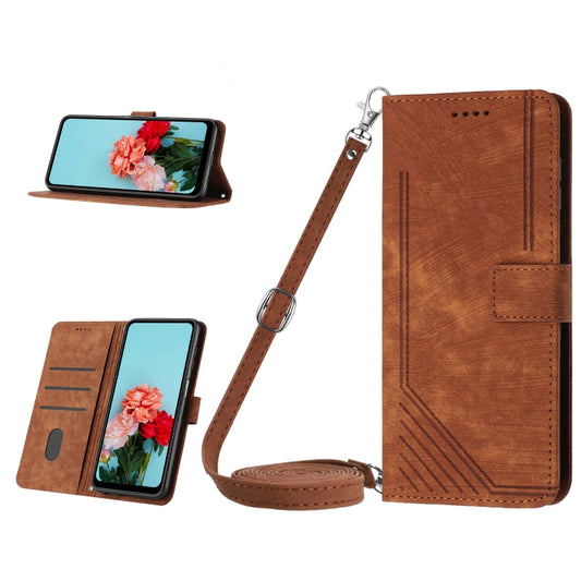 For Nokia C32 Skin Feel Stripe Pattern Leather Phone Case with Lanyard(Brown) - Nokia Cases by buy2fix | Online Shopping UK | buy2fix
