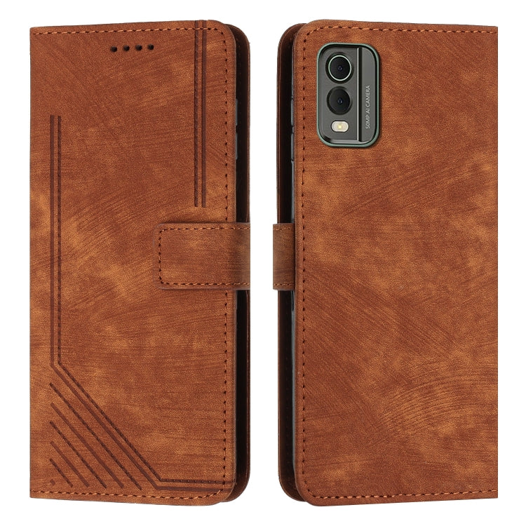 For Nokia C32 Skin Feel Stripe Pattern Leather Phone Case with Lanyard(Brown) - Nokia Cases by buy2fix | Online Shopping UK | buy2fix