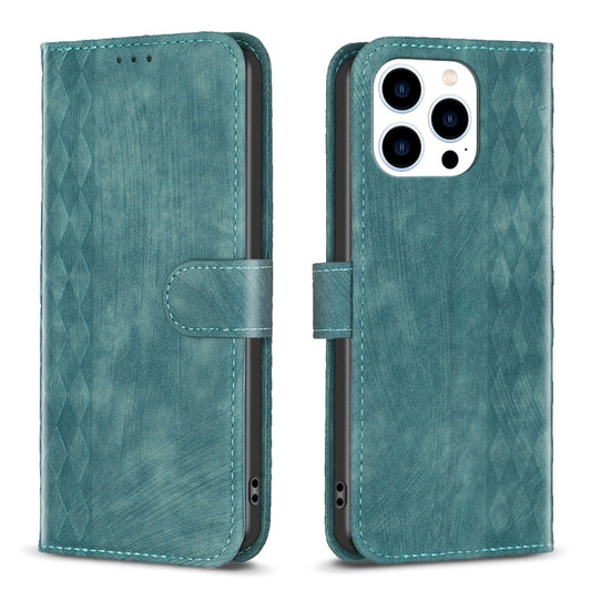 For iPhone 14 Pro Max Plaid Embossed Leather Phone Case(Green) - iPhone 14 Pro Max Cases by buy2fix | Online Shopping UK | buy2fix