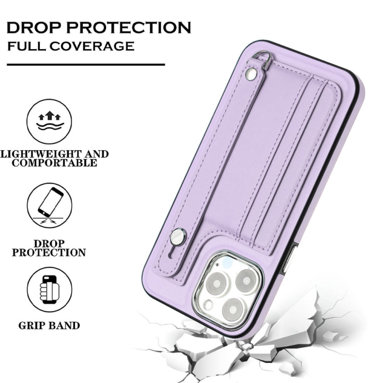 For iPhone 14 Pro Max Shockproof Leather Phone Case with Wrist Strap(Purple) - iPhone 14 Pro Max Cases by buy2fix | Online Shopping UK | buy2fix