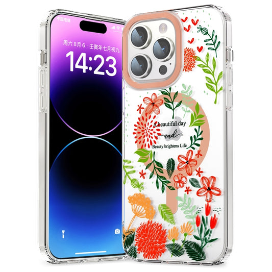 For iPhone 14 MagSafe Magnetic TPU Phone Case(Red Flowers and Green Leaves) - iPhone 14 Cases by buy2fix | Online Shopping UK | buy2fix