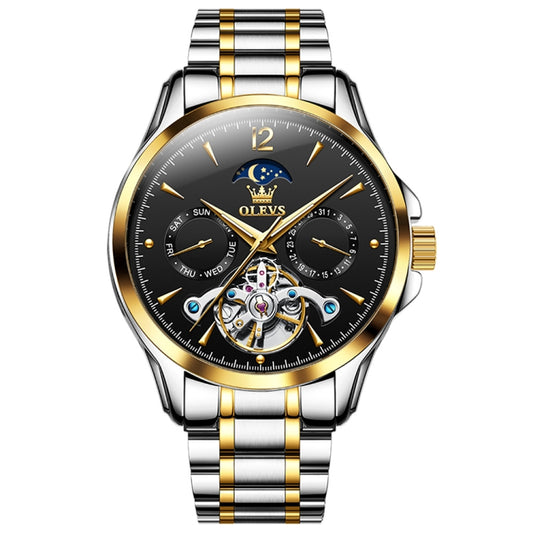 OLEVS 6663 Men Multifunctional Waterproof Hollow Steel Strap Mechanical Watch(Black + Gold) - Metal Strap Watches by buy2fix | Online Shopping UK | buy2fix