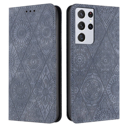 For Samsung Galaxy S21 Ultra 5G Ethnic Embossed Adsorption Leather Phone Case(Grey) - Galaxy S21 Ultra 5G Cases by buy2fix | Online Shopping UK | buy2fix