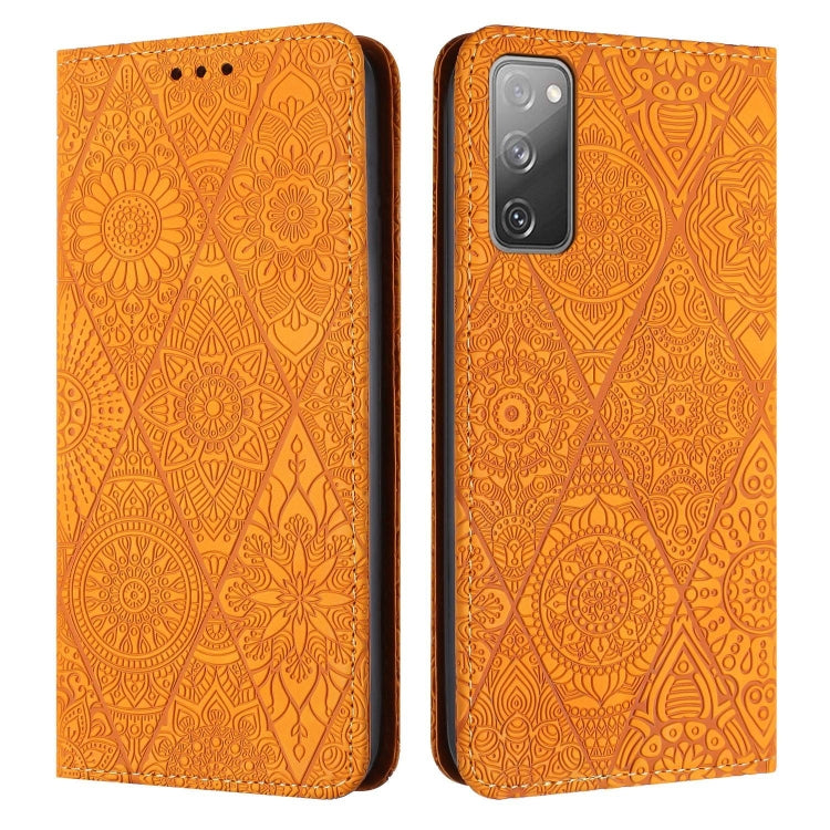 For Samsung Galaxy S20 FE Ethnic Embossed Adsorption Leather Phone Case(Yellow) - Galaxy S20 FE Cases by buy2fix | Online Shopping UK | buy2fix