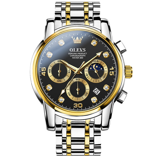 OLEVS 2889 Men Multifunctional Luminous Waterproof Quartz Watch(Black + Gold) - Metal Strap Watches by OLEVS | Online Shopping UK | buy2fix