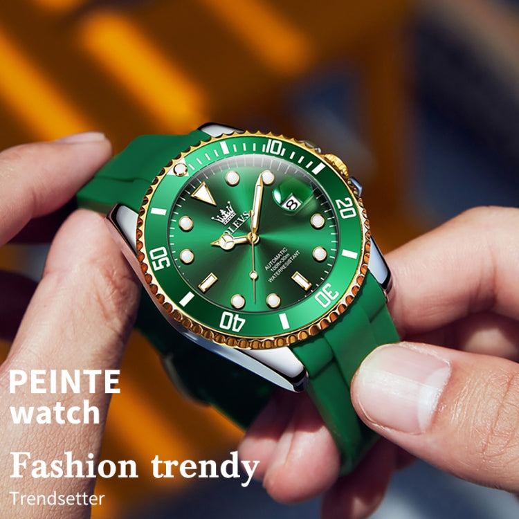 OLEVS 6650 Men Luminous Waterproof Silicone Strap Mechanical Watch(Green + Gold) - Silicone Strap Watches by OLEVS | Online Shopping UK | buy2fix