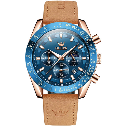 OLEVS 9957 Men Luminous Waterproof Leather Strap Quartz Watch(Blue + Rose Gold) - Leather Strap Watches by OLEVS | Online Shopping UK | buy2fix