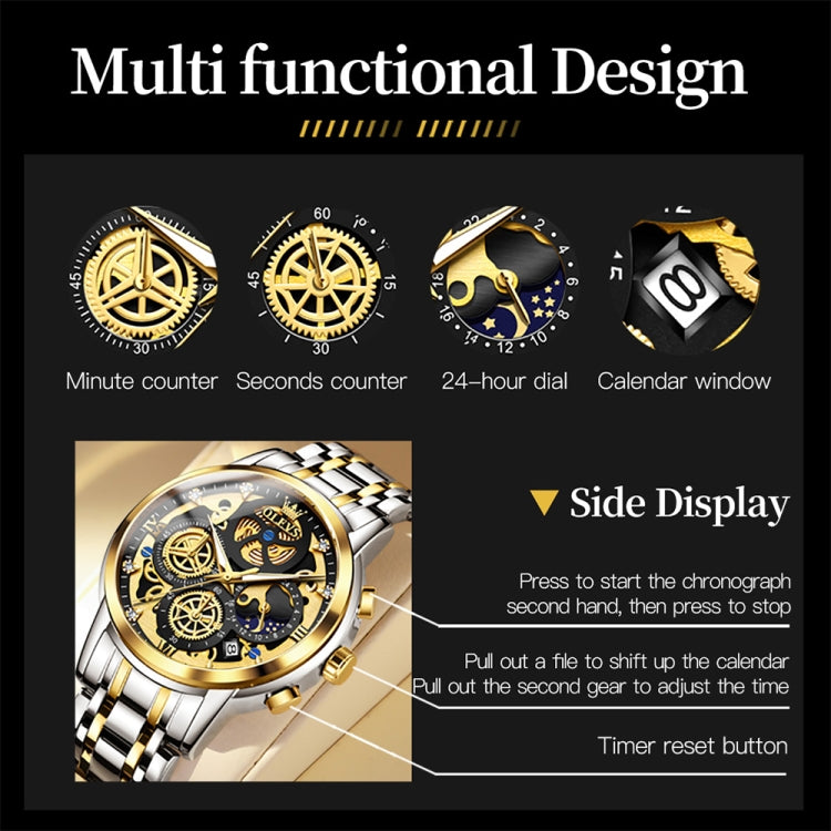 OLEVS 9947 Men Multifunctional Hollow Waterproof Quartz Watch(Black + Gold) - Metal Strap Watches by OLEVS | Online Shopping UK | buy2fix