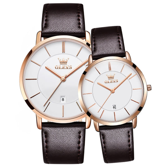 OLEVS 5869 1 Pair Couple Waterproof Genuine Leather Strap Quartz Watch(White + Rose Gold) - Couple Watches by buy2fix | Online Shopping UK | buy2fix