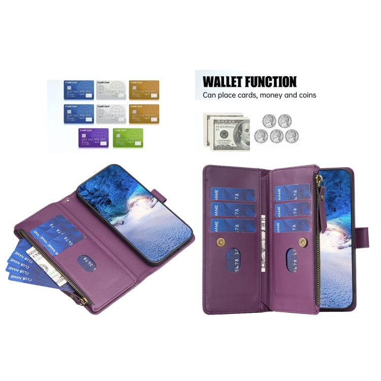 For iPhone 15 Pro 9 Card Slots Zipper Wallet Leather Flip Phone Case(Dark Purple) - iPhone 15 Pro Cases by buy2fix | Online Shopping UK | buy2fix