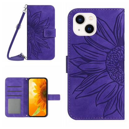 For iPhone 15 Skin Feel Sun Flower Embossed Flip Leather Phone Case with Lanyard(Dark Purple) - iPhone 15 Cases by buy2fix | Online Shopping UK | buy2fix