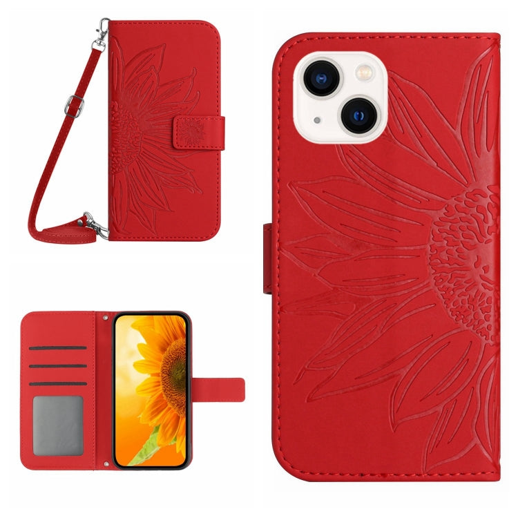 For iPhone 15 Plus Skin Feel Sun Flower Embossed Flip Leather Phone Case with Lanyard(Red) - iPhone 15 Plus Cases by buy2fix | Online Shopping UK | buy2fix