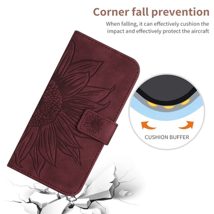 For iPhone 15 Plus Skin Feel Sun Flower Embossed Flip Leather Phone Case with Lanyard(Wine Red) - iPhone 15 Plus Cases by buy2fix | Online Shopping UK | buy2fix