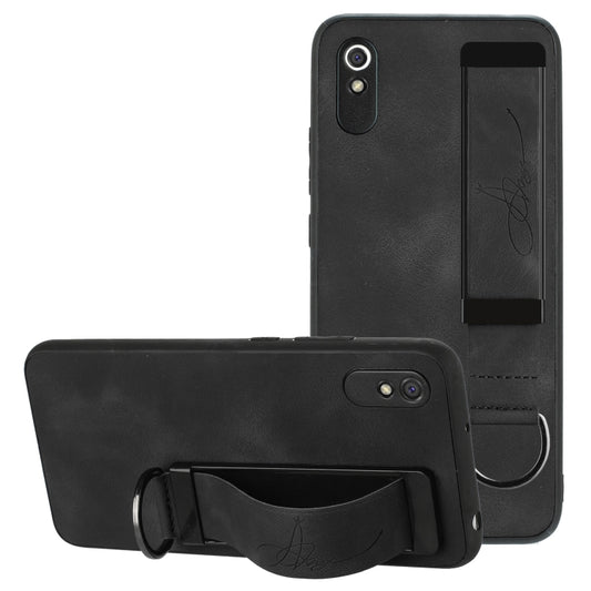 For Xiaomi Redmi 9A Wristband Holder Leather Back Phone Case(Black) - Xiaomi Cases by buy2fix | Online Shopping UK | buy2fix
