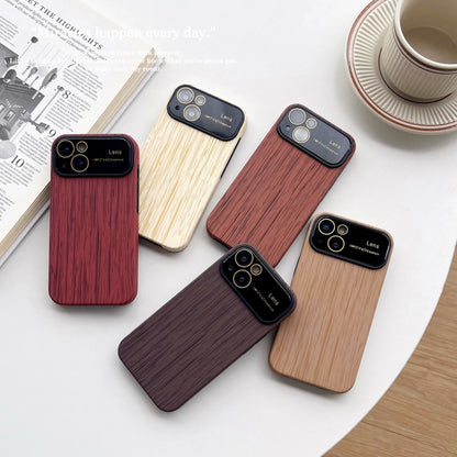 For iPhone 14 Pro Wood Grain TPU Phone Case with Lens Film(Khaki) - iPhone 14 Pro Cases by buy2fix | Online Shopping UK | buy2fix