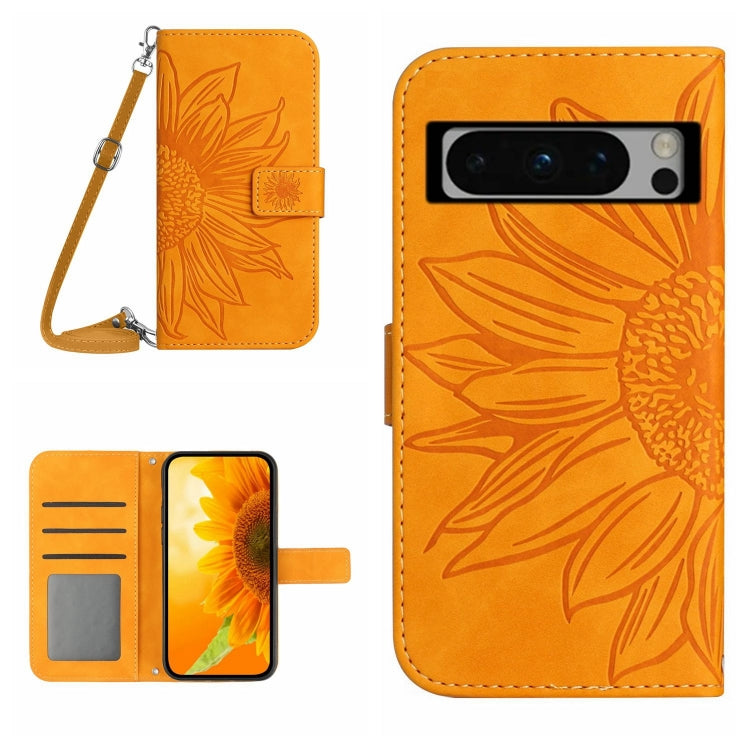 For Google Pixel 8 Pro Skin Feel Sun Flower Embossed Flip Leather Phone Case with Lanyard(Yellow) - Google Cases by buy2fix | Online Shopping UK | buy2fix