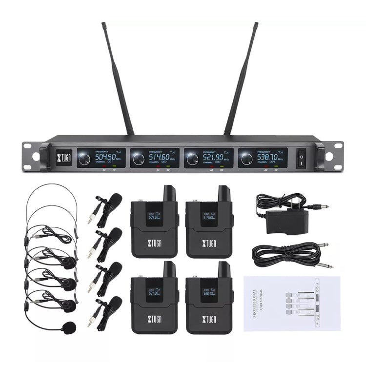 XTUGA A140-B Wireless Microphone System 4 BodyPack Headset Lavalier Microphone(US Plug) - Microphone by XTUGA | Online Shopping UK | buy2fix