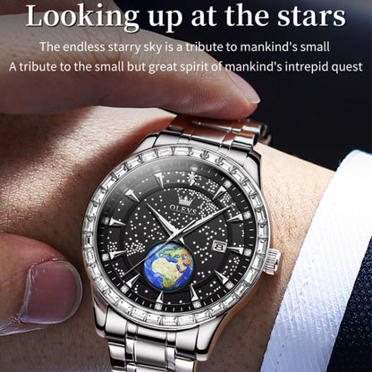 OLEVS 9967 Men Starry Sky Face Diamond Bezel Quartz Watch(Black Steel Strap) - Leather Strap Watches by OLEVS | Online Shopping UK | buy2fix