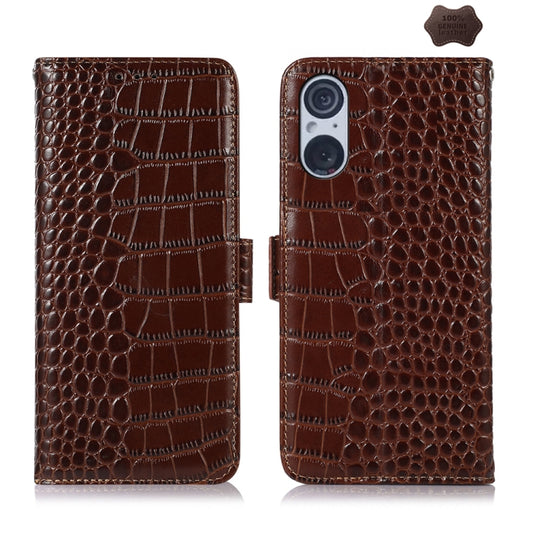 For Sony Xperia 5 V Crocodile Top Layer Cowhide Leather Phone Case(Brown) - Sony Cases by buy2fix | Online Shopping UK | buy2fix