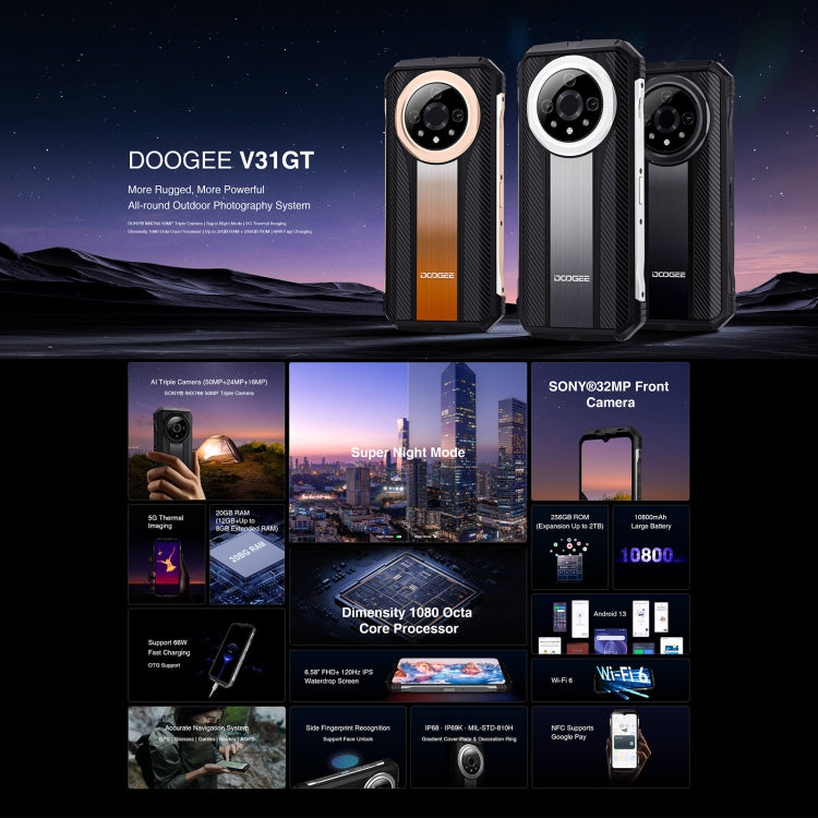 DOOGEE V31GT, 12GB+256GB, Thermal Imaging Camera, Side Fingerprint, 10800mAh Battery, 6.58 inch Android 13 Dimensity 1080 Octa Core, Network: 5G, OTG, NFC, Support Google Pay(Black) - DOOGEE by DOOGEE | Online Shopping UK | buy2fix