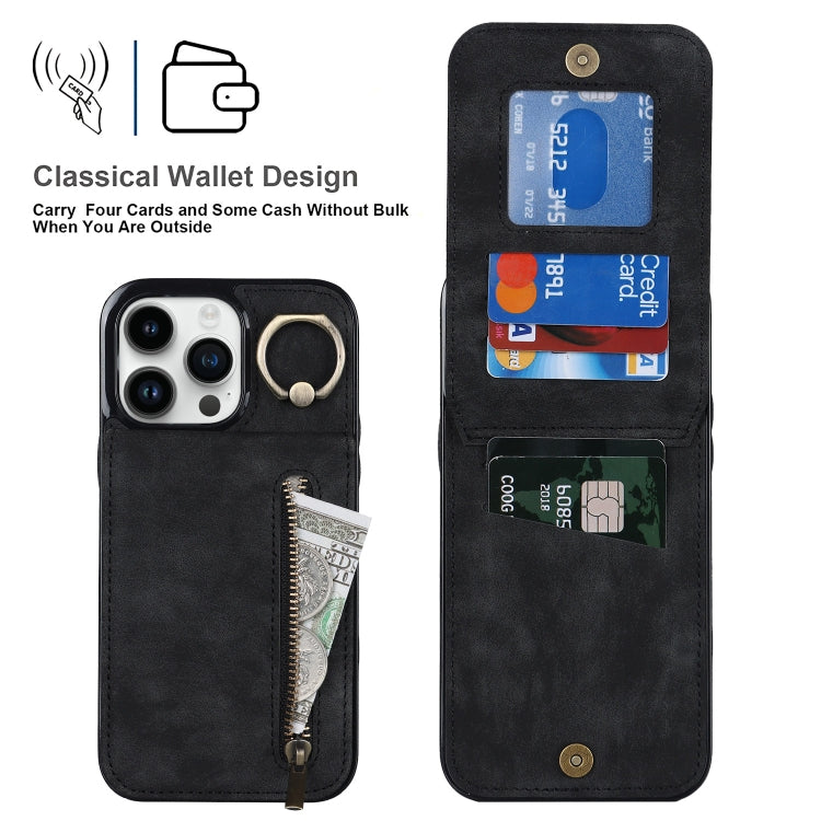 For iPhone 15 Pro Max Retro Ring and Zipper RFID Card Slot Phone Case(Black) - iPhone 15 Pro Max Cases by buy2fix | Online Shopping UK | buy2fix